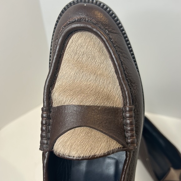 Massimo Dutti brown pebble loafers with hide hair on top. - Picture 3 of 6